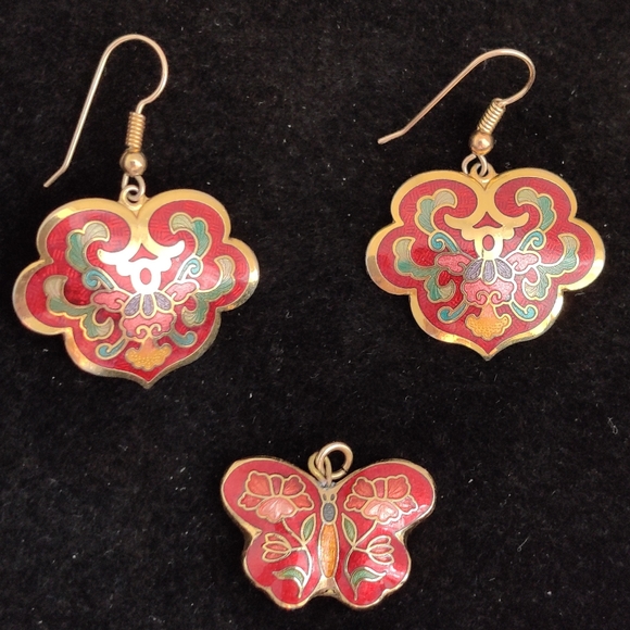 Vintage Cloisonne Enamel Earrings & Butterfly 🦋 Pendant Set - Picture 2 of 13